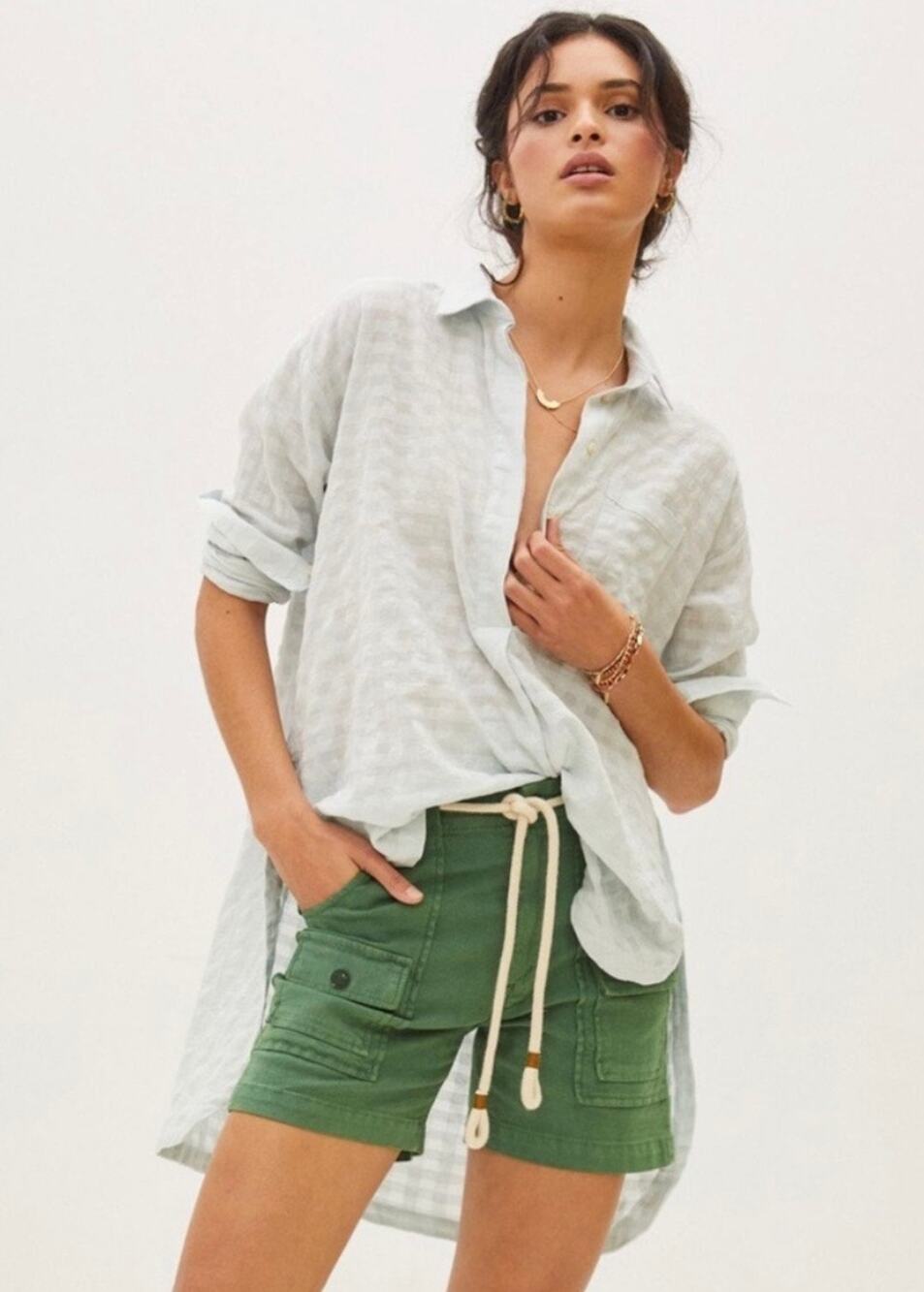 Maeve Light Blue Hi Low Check Tunic Top Small Henley Button Lightweight